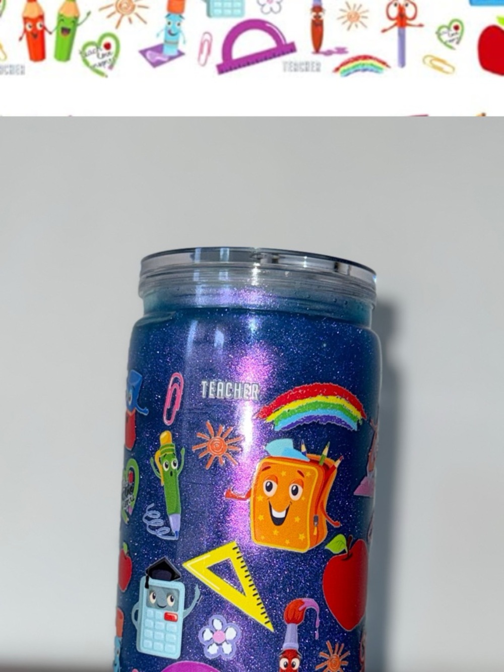 Blue Glitter Teacher-Themed Tumbler with Rainbow & School Icons